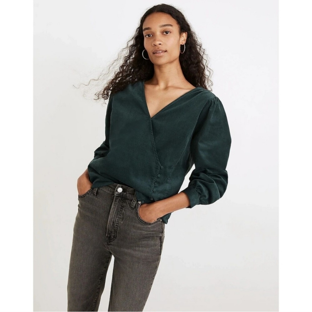 Madewell | Green Corduroy Kinston Side Button Wrap Top NEW Size Medium NB566
